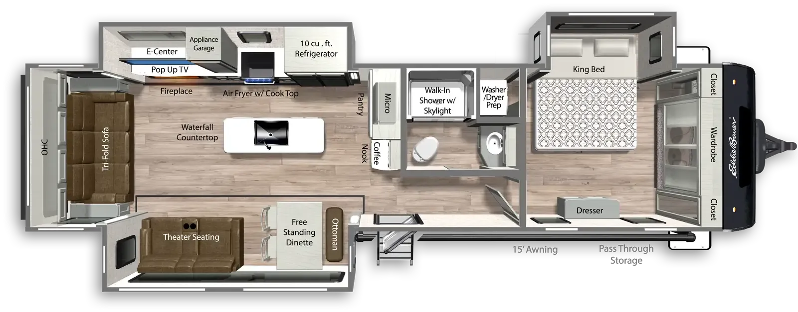 2026 Dutchmen Eddie Bauer 345RL floor plan diagram — Rear Living, sleeps 4