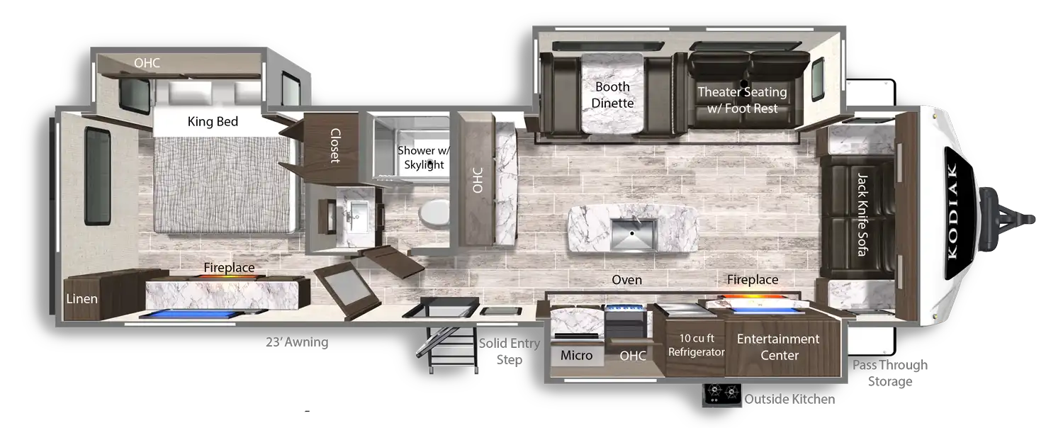 2026 Dutchmen Kodiak Ultimate 3371FLSL floor plan diagram — Front Living, sleeps 4
